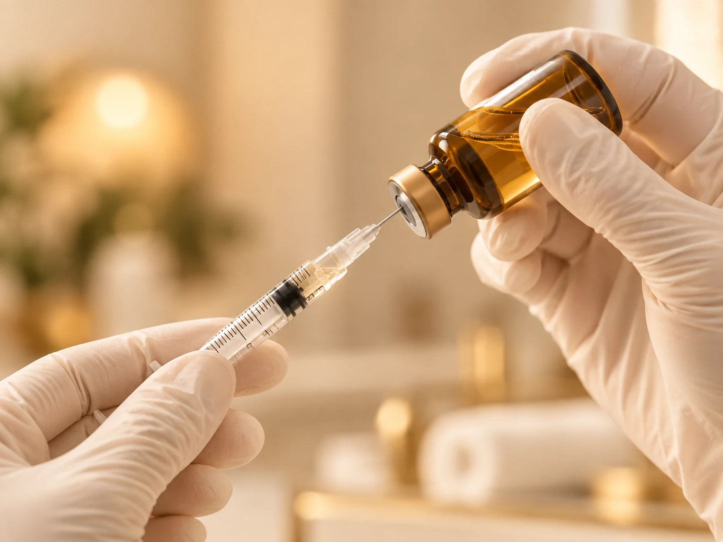 Seringa e frasco de terapia nutricional injetável.
